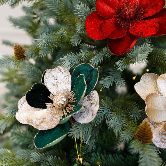Artificial Poinsettia Flowers Christmas Tree Ornaments Velvet Glitter Magnolia Stems Floral Picks for Xmas