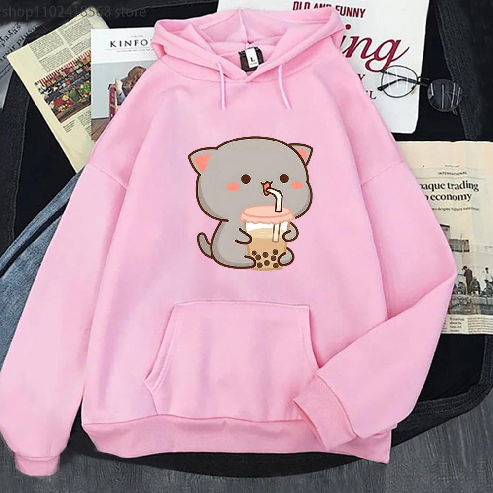 Peach Cat Love Boba Print Hoodies Bubble Tea Sweatshirt Girls Kawaii Cartoon Sudaderas Men's Tops Kawaii  Winter Clothes Women