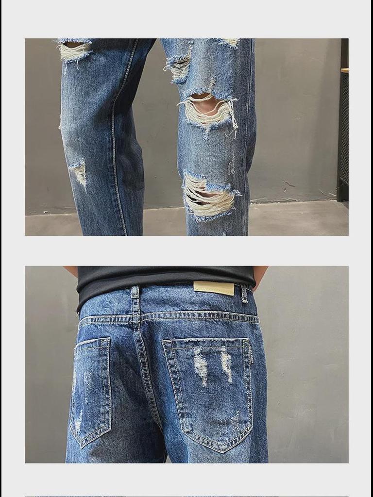 Męskie, luźne, obcisłe jeansy koreańskie z rozdarciami i szerokością 9 punktów.
