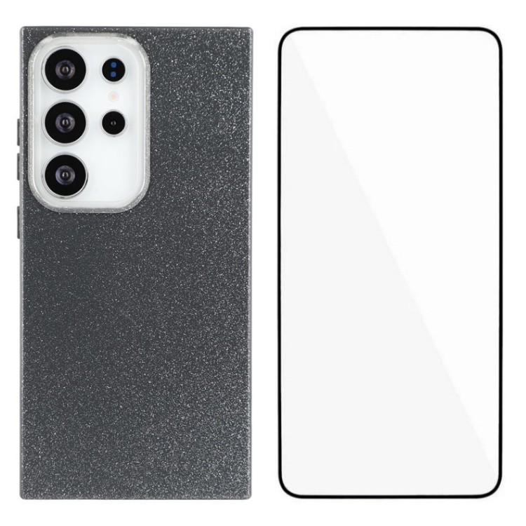 

WANLONFENG XL2 Series for Samsung Galaxy S23 Ultra Case IMD Glitter TPU Phone Cover with Tempered Glass Film Black