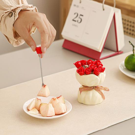 Rose Ceramic Fruit Fork Set with Storage Jar Creative Dessert Picks Practical Fruit Serving Utensils for Appetizers Cheese Snacks