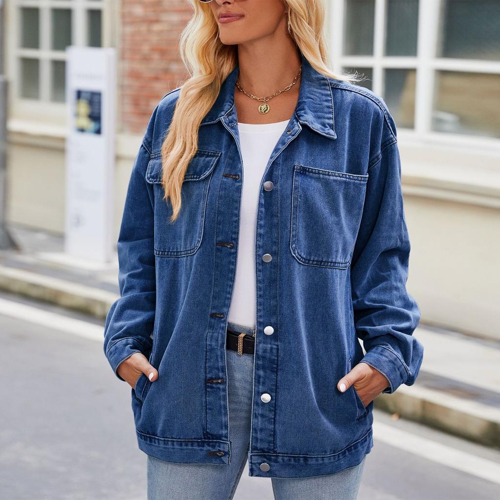 Women's Fashionable Versatile Classic Retro Solid Color Lapel Long Sleeved Pocket Loose Denim Jacket