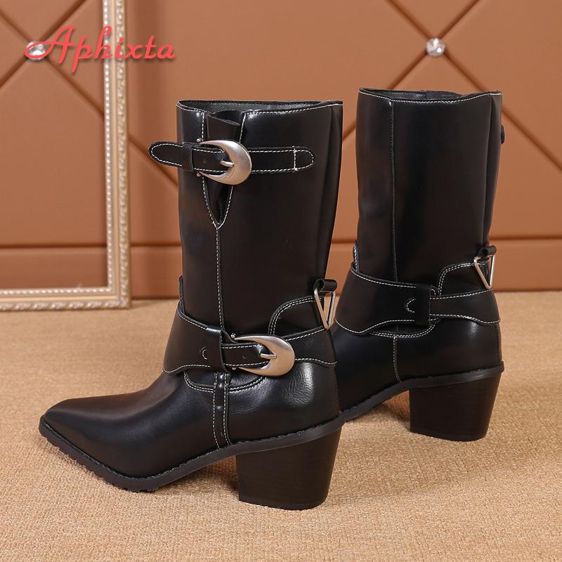 Fashion Aphixta Mid-Calf SquareToe Ankle Boots Women Winter Shoes Buckle Strap Square Heels Women Boots Brown Big Size 41-42