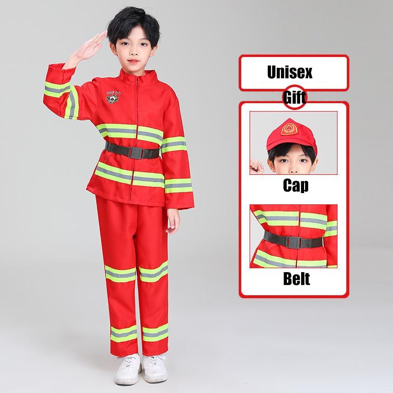 

Костюм детский Пожарный Пожарная сигнализация Сценический наряд Комплект униформы Реквизит для обучения безопасности StyleA,160cm/62.99in