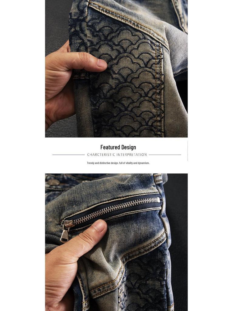 Men's Slim-Fit Retro Embroidered Motorcycle Jeans