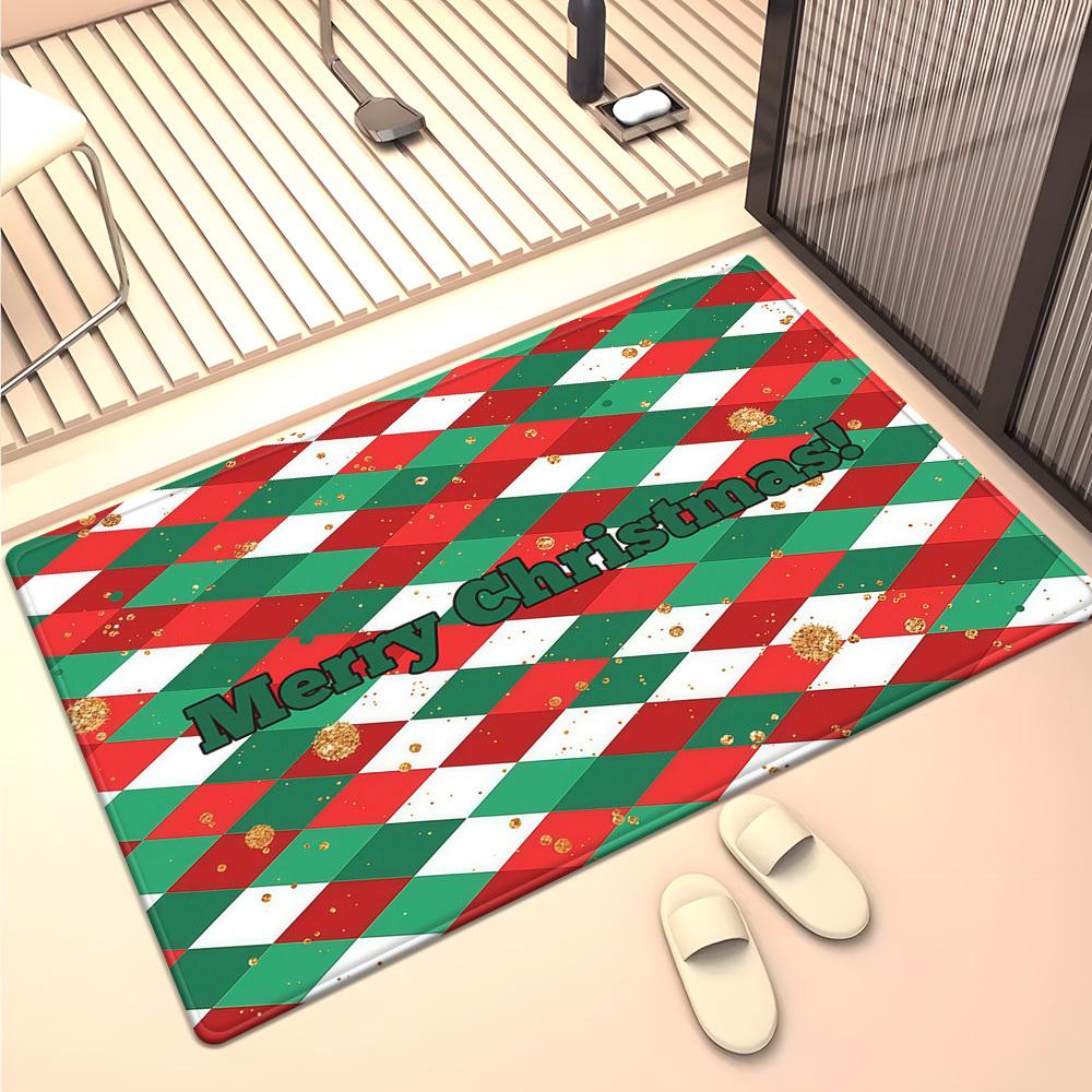 Merry Christmas Red Green Diamond Pattern Crystal Velvet Rug HolidayLiving Room Floor Mat Xmas Gift Idea Festive Home Decoration 50x 80cm