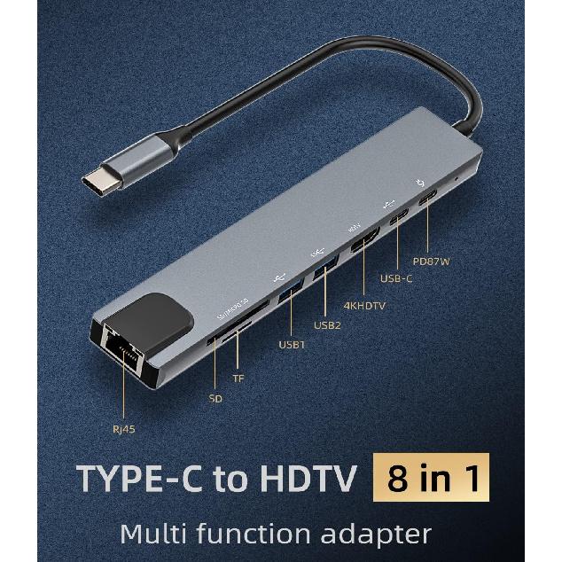 USB C to HDMI,Ethernet,USB A,Type-c,TF Micro SD Card Reade(8in1) Dual Monitor for TV Display Dongle Adapter Docking Station Hub Laptop Extender