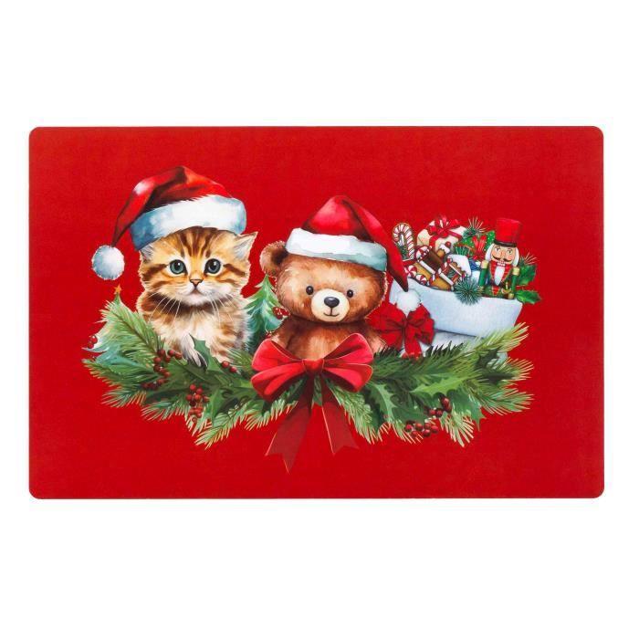 Set De Table - Noname - Chat Et Ourson De Noël - Opaque - 28 X 44 Cm - Rouge