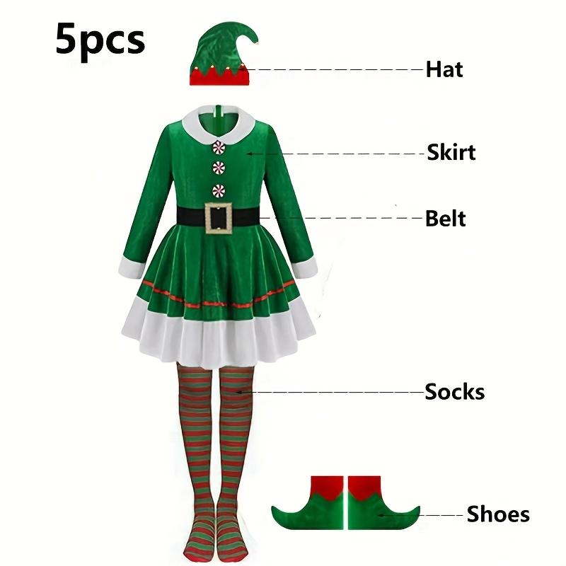 

5pcs Christmas Elf Costume Set for Women Fleece Lined Hooded Princess Dress Winter Elf Role Play Fantasy Outfit Halloween Party XXL