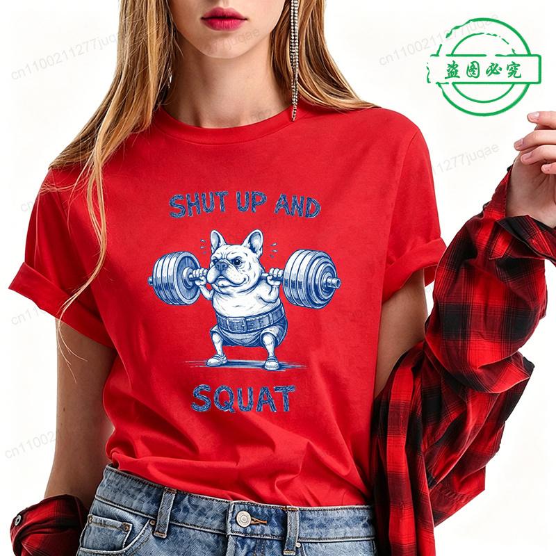 Summer Fashion Women's T-shirt Casual Funny French Bulldog Weightlifting Print T-Shirts O-neck Tops Short Sleeve Shirts Clothing