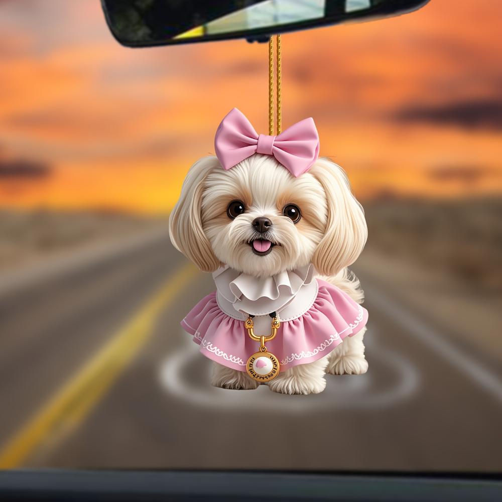 Adorable Shih Tzu Acrylic Pendant - Realistic 2D Car Rearview Mirror Decoration, Perfect for Anniversaries, Valentine's Day and Christmas