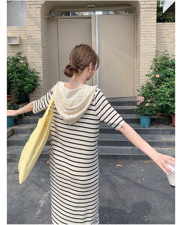 Korean Casual Striped Knit Hoodie Dress for Women, Summer College Style