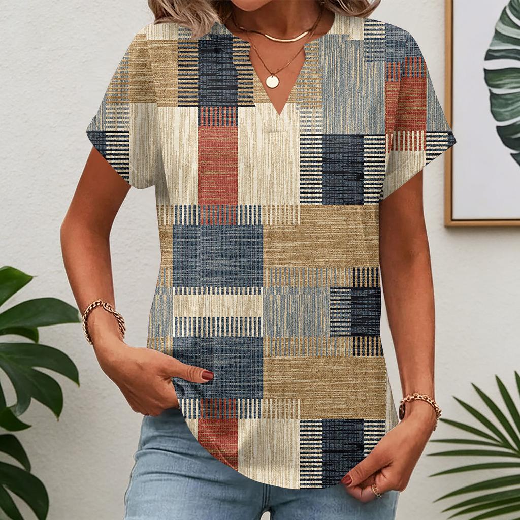 Women short sleeve striped patchwork V neck casual loose fit tunic top soft knit pullover tee shirt blouse