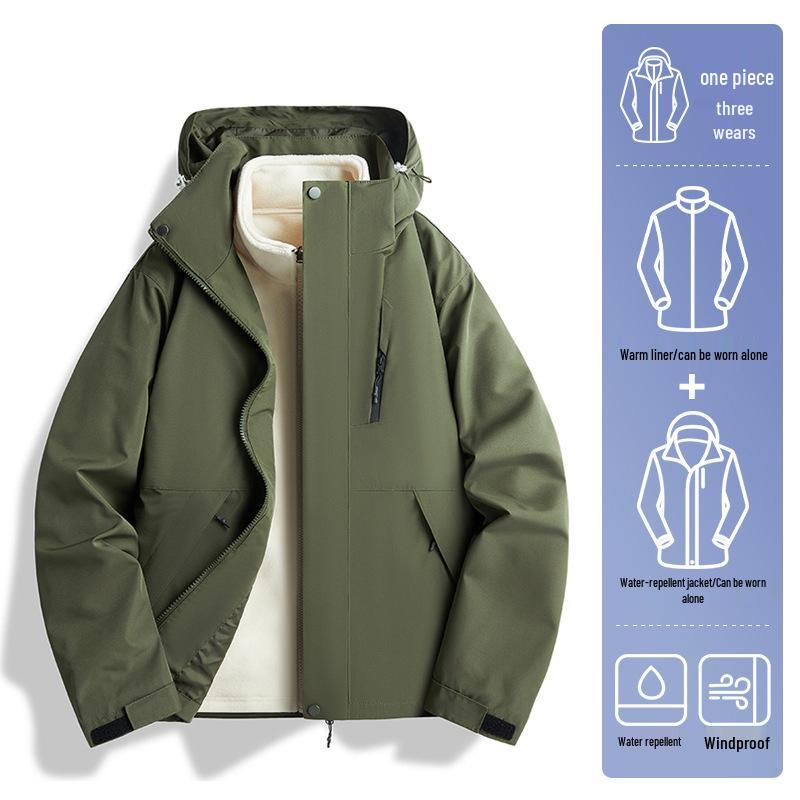 Unisex 2024 Autumn/Winter 3-in-1 Windproof Jacket: Waterproof, Fleece-Lined, Loose Fit, Casual Outerwear.