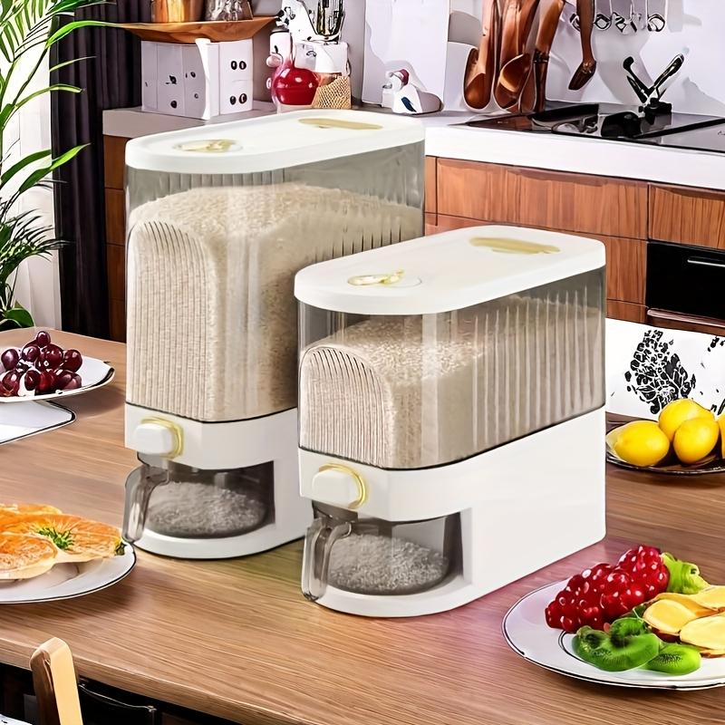 Großer 2-in-1-Reisspender und Vorratsbehälter für trockene Lebensmittel mit Messbecher und Zeitskala, Küchen-Organizer aus Kunststoff mit Klappdeckel für Getreide