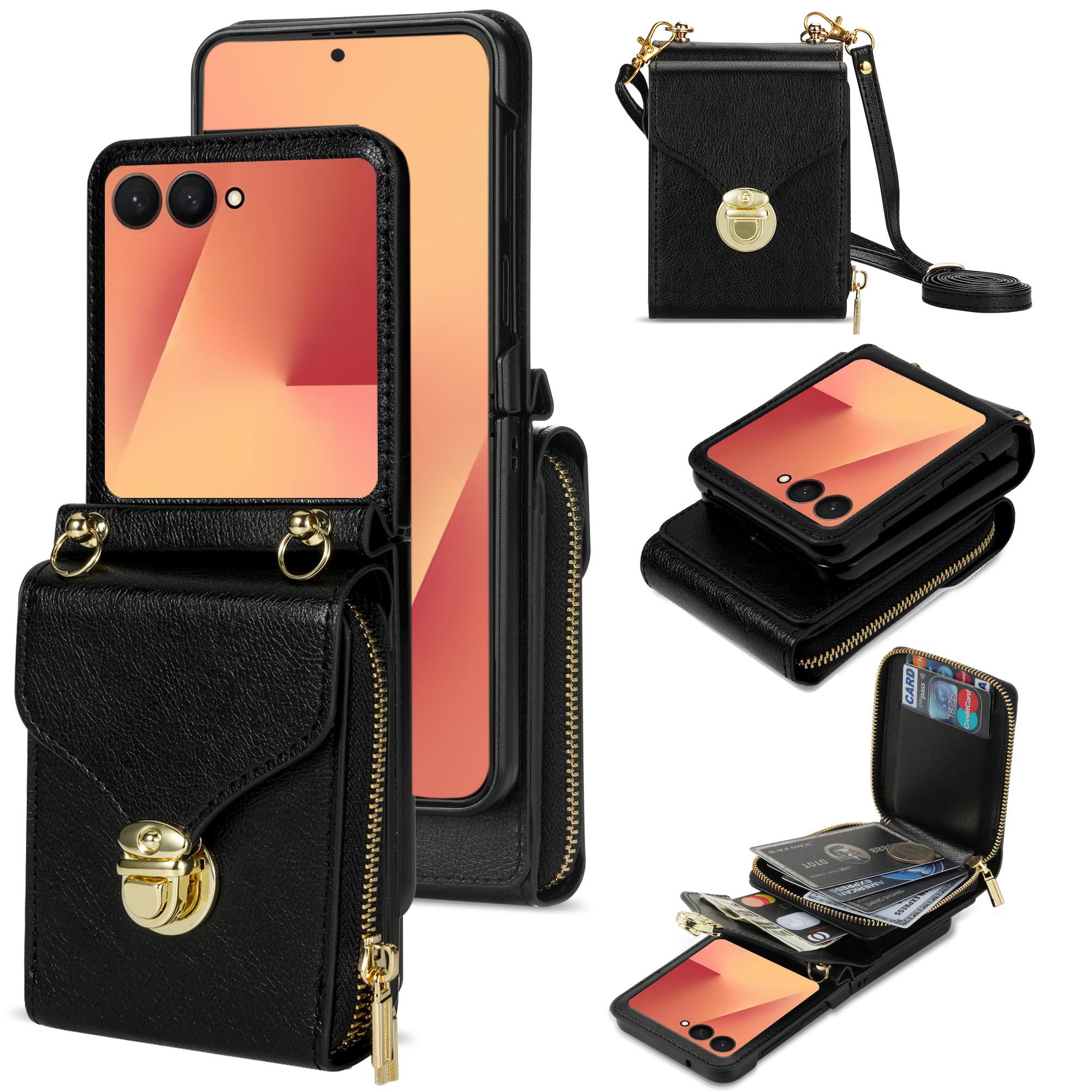 

Чехол для Samsung Galaxy Z Flip7 5G, кошелек на молнии, из искусственной кожи, ТПУ, ПК, чехол для телефона с плечевым ремнем Black
