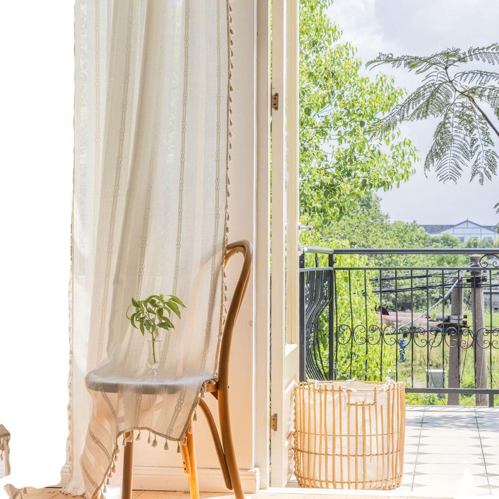 Imanqi Yun Semi-Blackout White Striped Embroidered Curtains for Kitchen & Living Room Windows