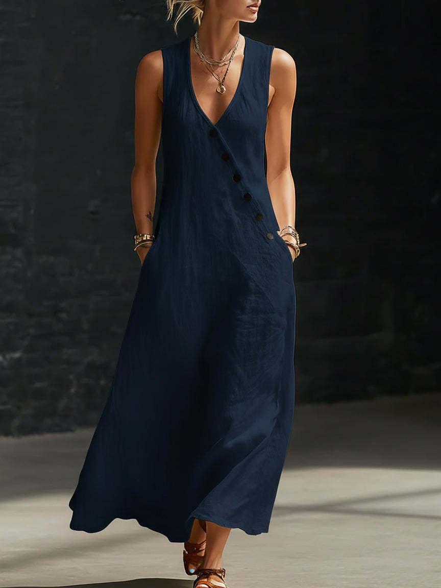 2026 Spring/Summer V-neck Button-up Sleeveless Cotton Linen Maxi Dress – TikTok Cross-European Lazy Style 2XL