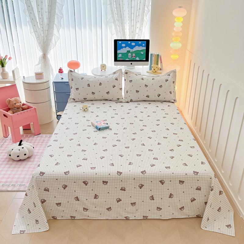 Modern Geometric Plaid Pattern Bed Sheet Set Cute Puppy Printed 100% Cotton Bed Sheets with 2 Pillowcases Home Bedding Set