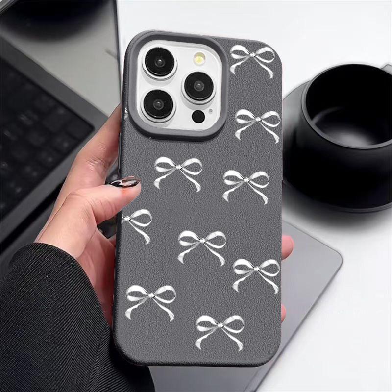 Bowknot Pattern TPU Leather Texture Phone Case For iPhone 16 Pro Max 15 Pro 14 13 12 11 Solid Color Matte Shockproof Slim Soft Bumper Cover