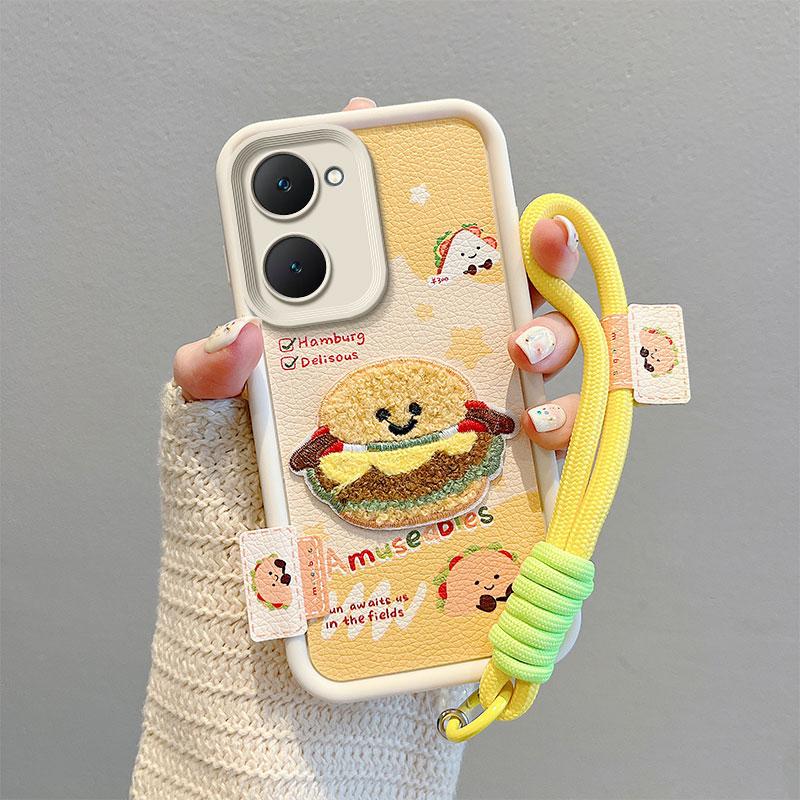 KEYSION Cartoon Cute Plush Embroidery Case for VIVO Y03 Y03t with Lanyard Silicone Shockproof Phone Cover for VIVO Y18 Y28s 5G