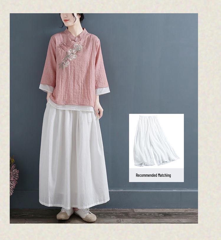 Women's Retro Embroidered V-Neck Cotton Linen T-Shirt: Casual, Literary Style for Spring-Summer-Autumn 2024 Collection