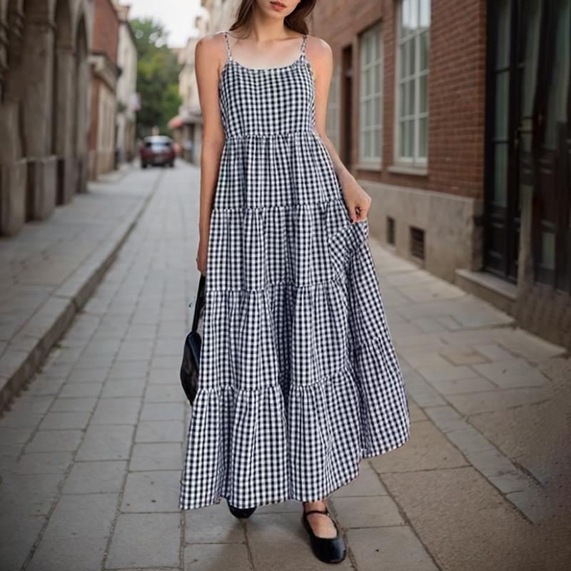 

ZANZEA Womens Casual Plaid Print Summer Sleeveless Sling Dress S темно-синього кольору