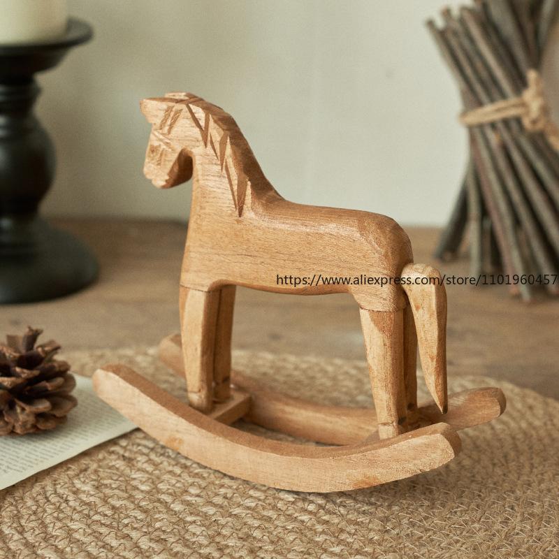 Nordic-Style Rocking Horse Wooden Horse Desktop Ornament Home Decor Pine Rocking Horse Craft Horse-to-Success Figurine