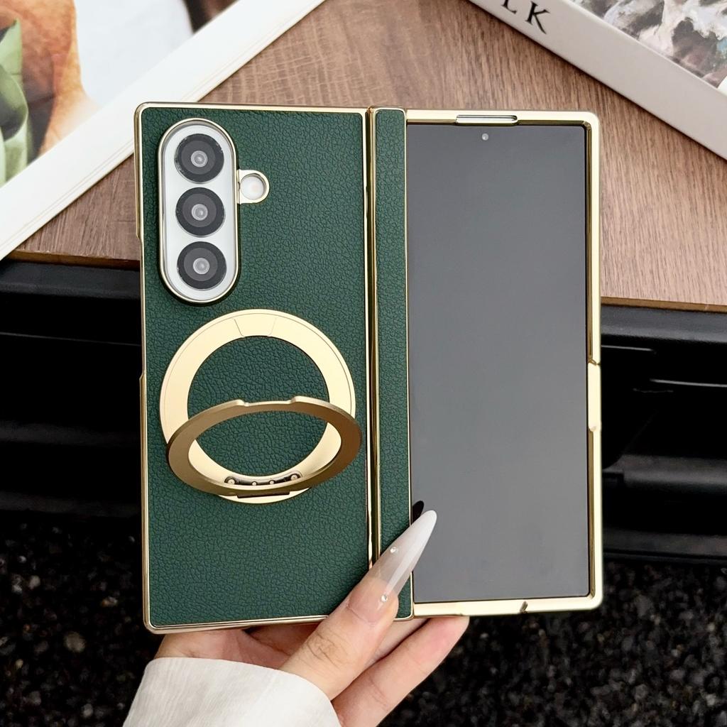 Electroplated 360 Rotating Bracket Magnetic Phone Case for Samsung Galaxy Z Fold8 Ultra Fold 8 7 Leather Hinge Protective Cover