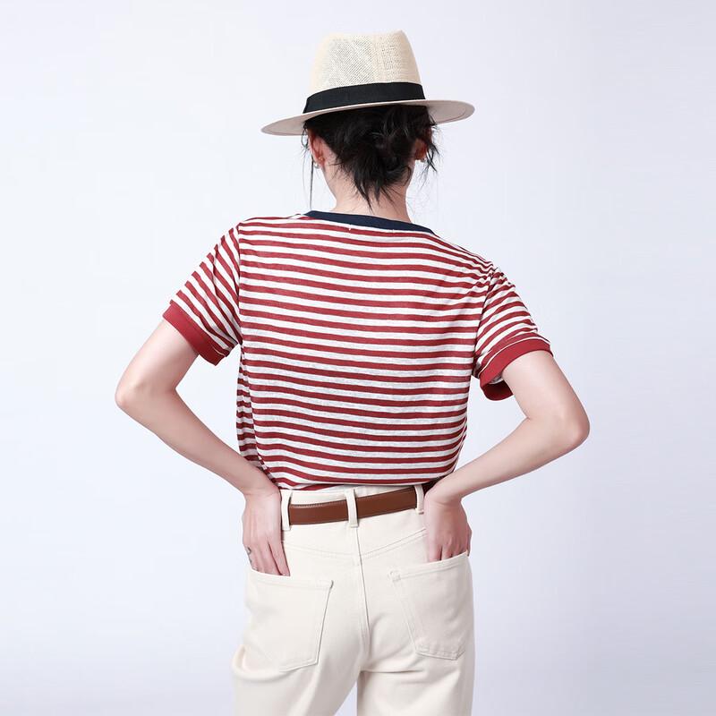 RAIN.CUN Women's Red Stripe Knit T-Shirt