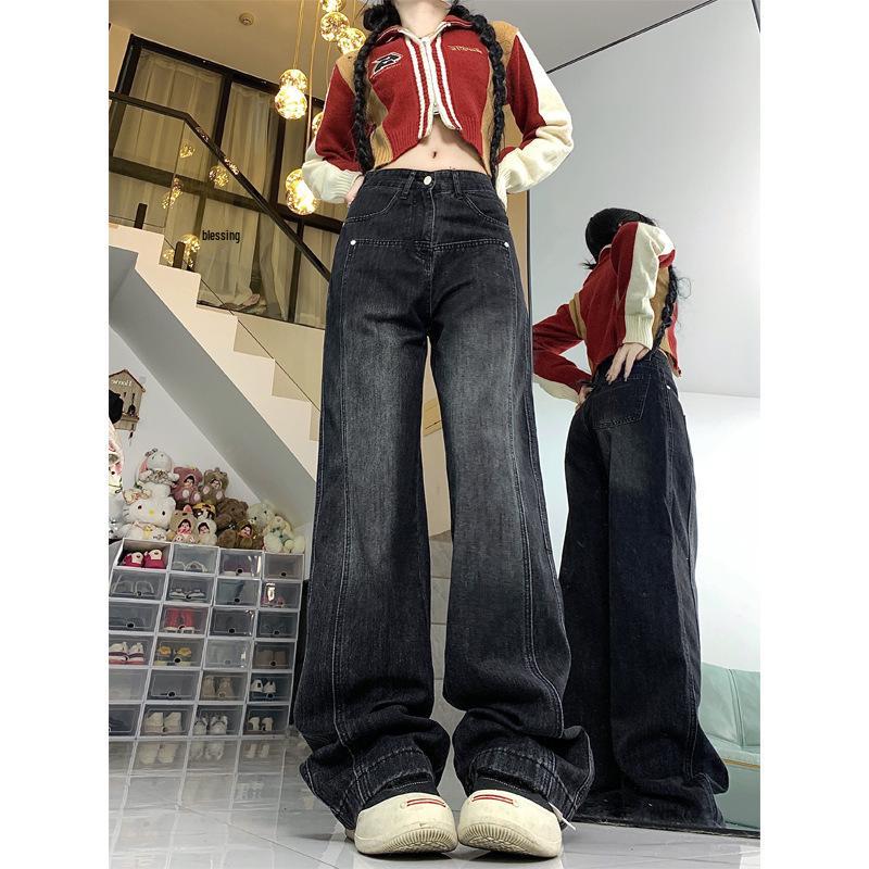 

Plus Size High Waist Wide Leg Jeans for Women - Black & Grey, Loose Straight Leg, Hip Covering, Slimming, Spring/Autumn. L