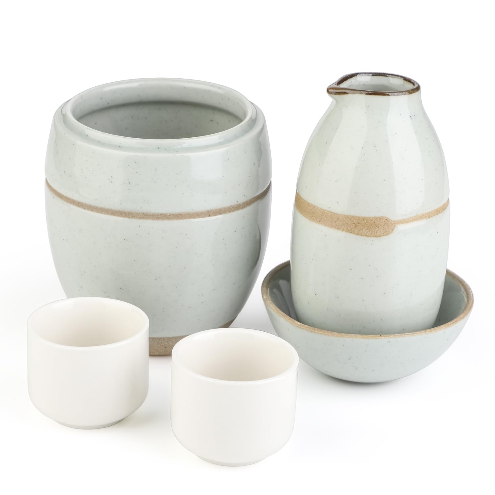 Sake and Hot Sake Set - Ceramic 5-Piece Set: 1 x 150ml sake carafe, 2 x 30ml sake cups, 1 x 350ml sake carafe, 1 x sake warmer, 1 x 70ml lid. The cara