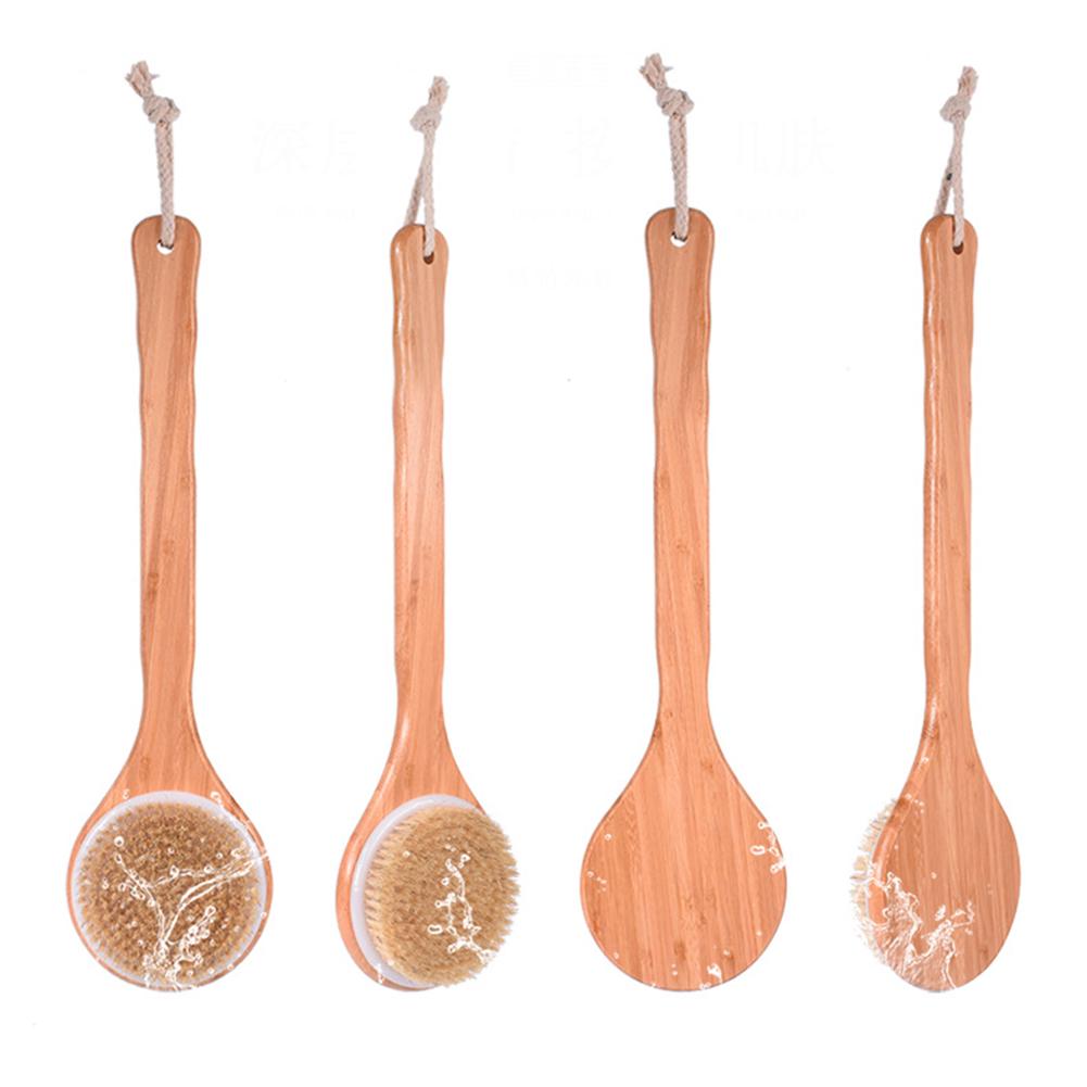 Bamboo Body Brush for Shower Long Handle Back Scrubber Natural Wood Bath Brush 40cm