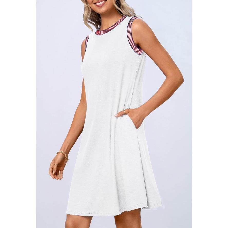 YYFS Women's Fashion Summer Spring Solid Color Print Sleeveless O-Neck Loose Waistline Casual Dresses