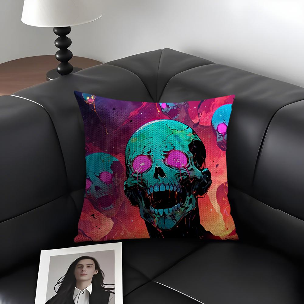 Colorful Skull Cool Cushion Cover Natural Linen Organic Fabric Double-Sided Printing Sofa Home Decor Gift Pillow Case
