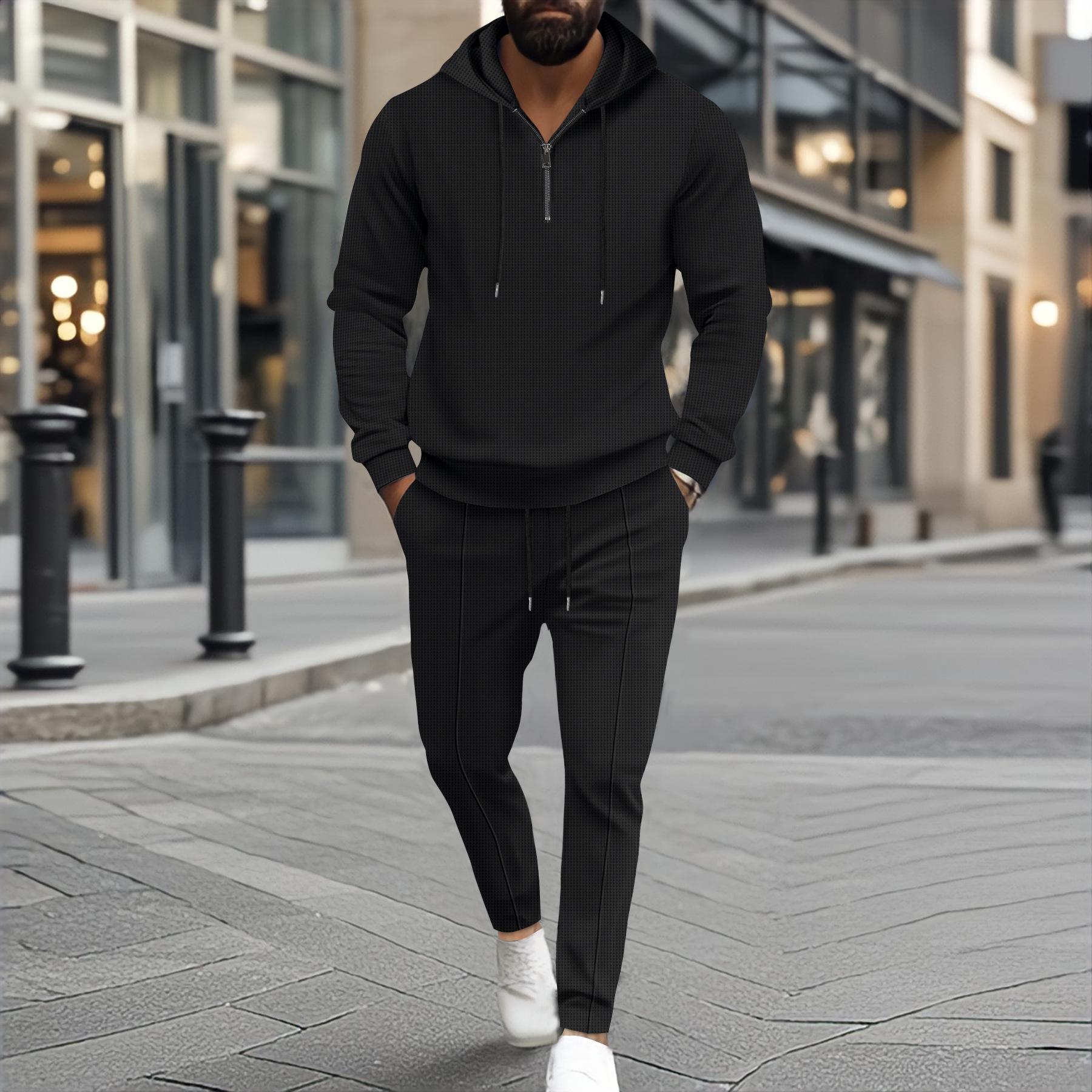 

Men s Waffle Knit Hooded Two-Piece Set with Zipper Long Sleeve Top and Pants XXL