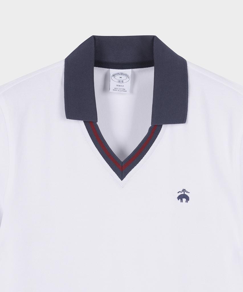 BROOKS BROTHERS Slim Fit Tennis V-Neck Short Sleeve Polo (White) (Bbntmf9081Afm)