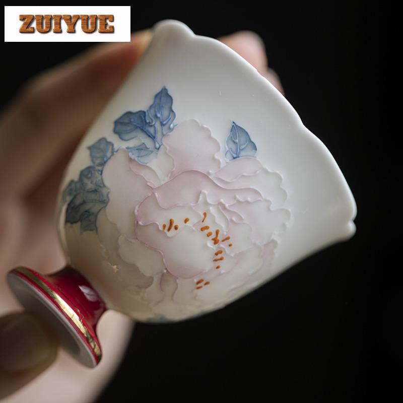75ml Handgefertigte Blume Mund Große Meister Tasse Handgezeichnet Gestapelte Pfingstrose Teetasse High-End Vergoldete Teetasse Kung Fu Tee Zubehör
