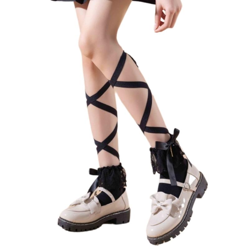 Women Japanese Ballet JK Sweet Ruffle Lace Cotton Crew Socks Elegant Ribbon Tie Bandage Solid Color Ankle Socks Hosiery