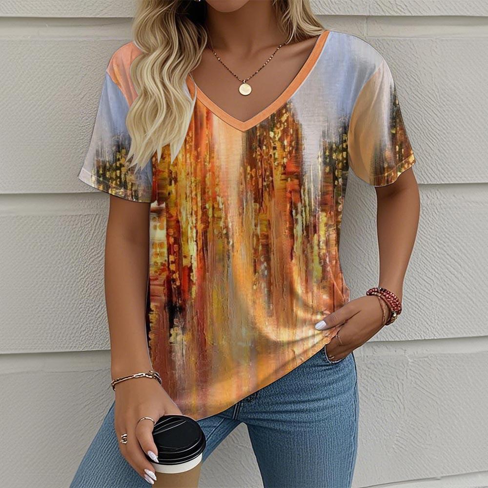

Women s T-Shirt Oil Painting Architectural Graphics Retro Fashion Classic Casual Oversized V-Neck Summer Women s Clothing S
