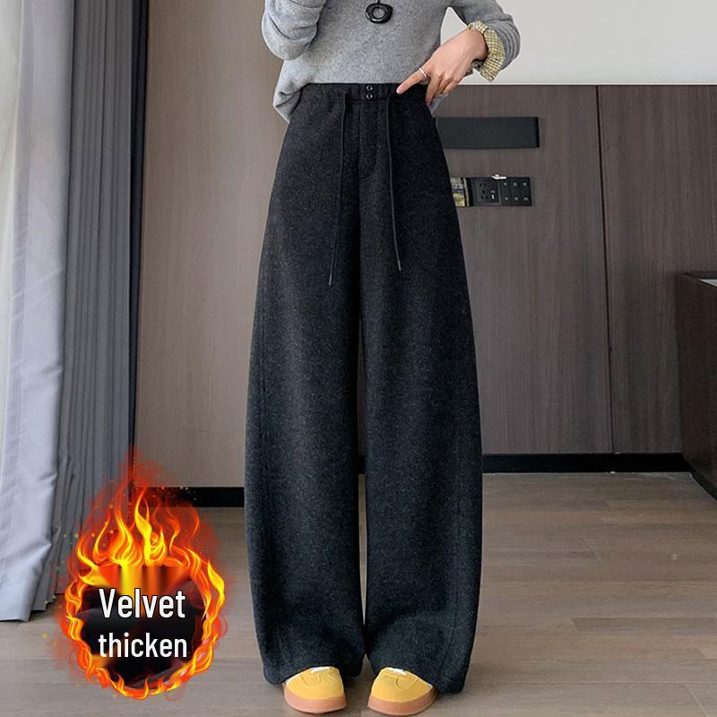 Xin Xin Women's Plus Velvet Thick Woolen Curved Leg Trousers - Loose, Straight, Wide-Leg for Autumn Winter 2025