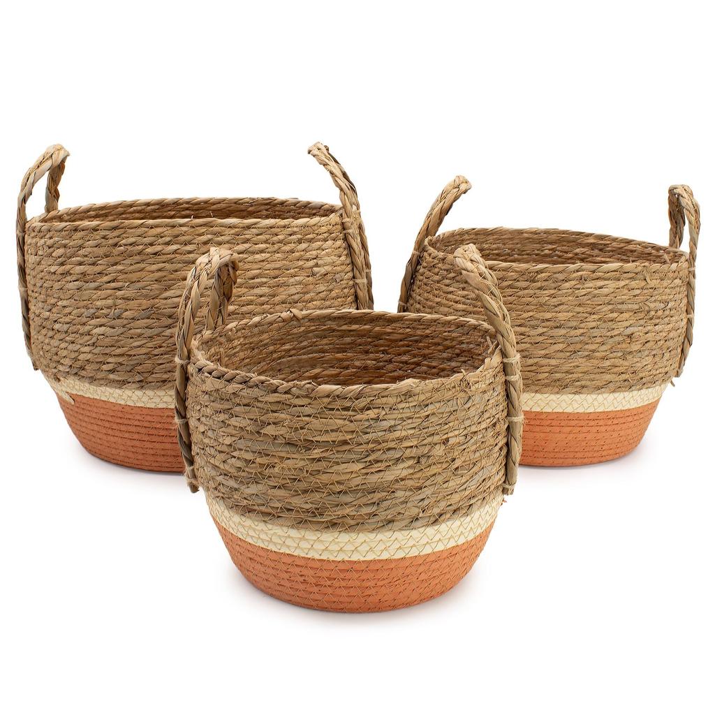 Straw & Seagrass Large Baskets – Natural & Orange- Set of 3