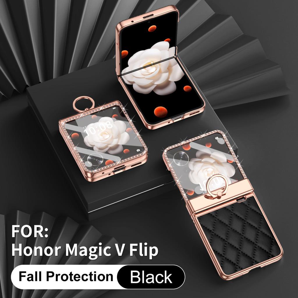 Galvanisiertes Lederetui mit Fingerringhalter für Honor Magic V Flip. Luxuriöse Linsenschutzbeschichtung mit Diamanten für Honor MagicV Flip LRA-AN00