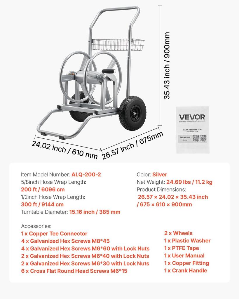 Water Hose Reel Cart, 6096/9144 Cm High-Pressure Garden Hose Cart, Hoses Reel Carts with Two Wheels, Handle & Heavy-Duty Mesh Storage Basket,