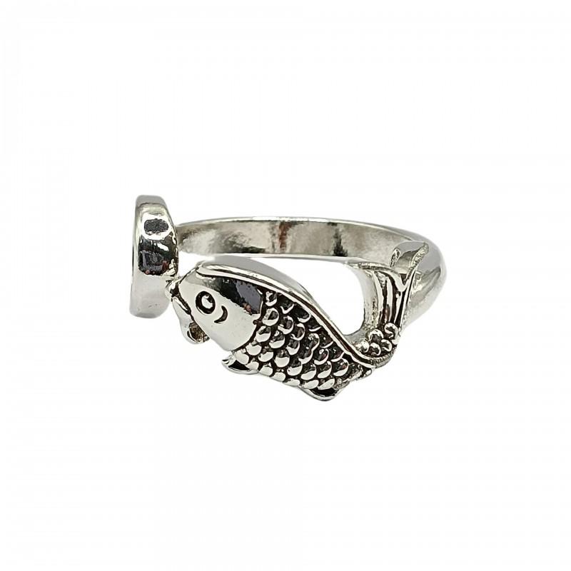 Adjustable Open Ring With Vintage Fortune Character Koi Fish Design Sterling Boho Retro Womens Statement Jewelry