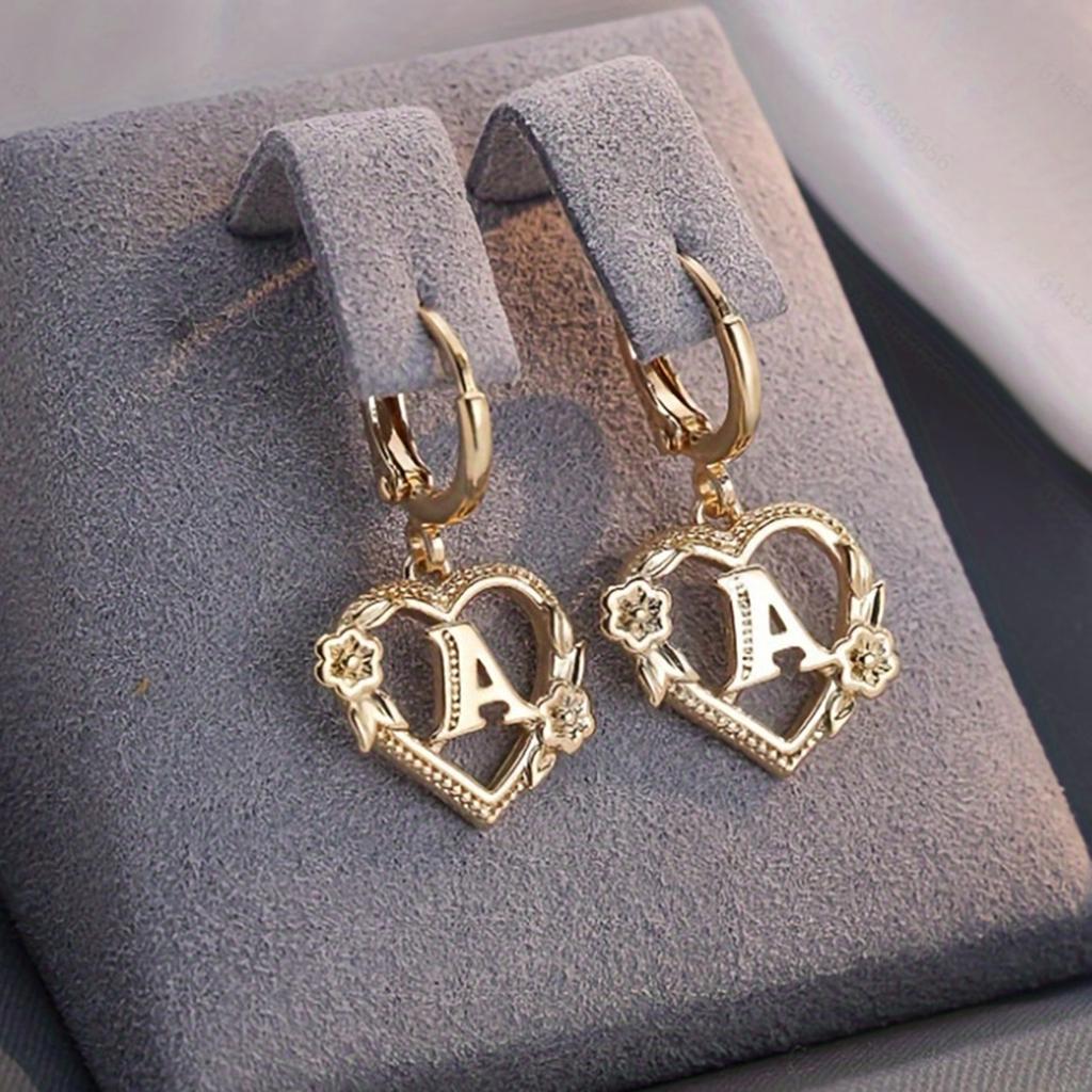 Gold Heart Shaped Letter A Dangle Earrings Floral Design Lightweight Metal Jewelry for Women and Girls