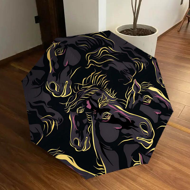1PC Horse Pattern Automatic Folding Umbrella - Compact 8-Rib Design, Durable Plastic & Iron, Lightweight for Outdoor Daily Use, Festive Gift050