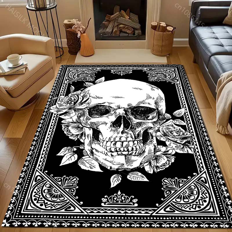 Black and White Skull Art Print Carpet for Living Room Bedroom Bedside Sofa Table Floor Mat Home Area Rug Decor Large Size