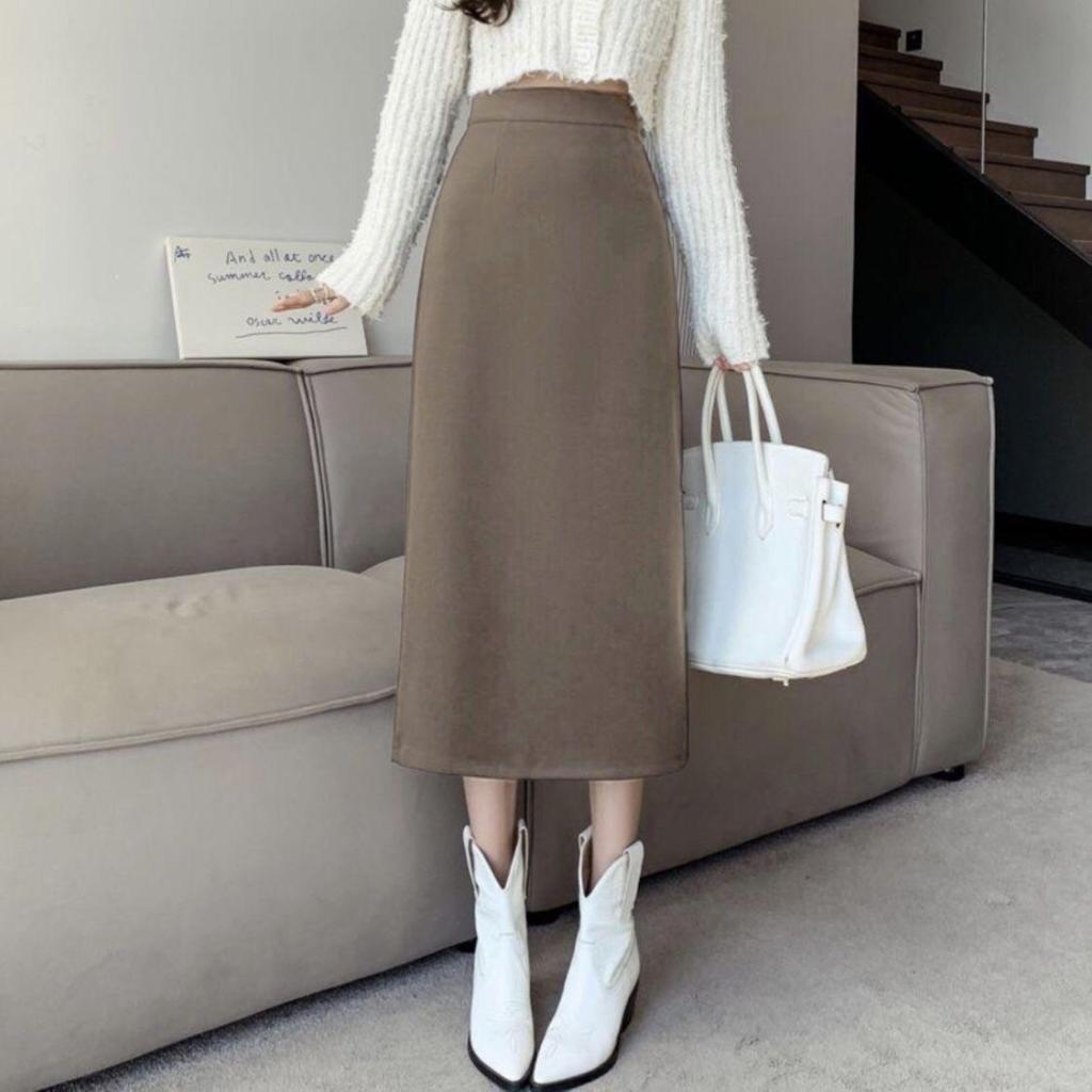 Women's 2025 Autumn Wool High-Waisted Mid-Length Pencil Skirt with Slit