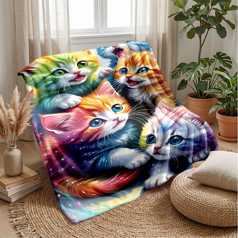 Rainbow Kitten Fantasy Theme Blanket Lightweight Warm Flannel Blanket Decorative Throw Blanket for Home Decoration